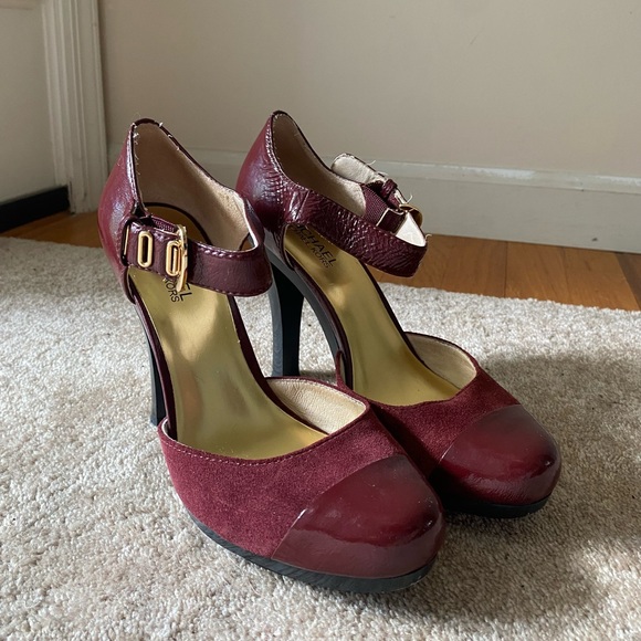 Michael Kors Burgundy Deep Red Patent Leather & Suede Maryjane Heels - Picture 2 of 9